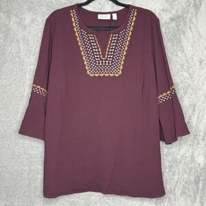 D&Co Denim & Co XL Shirt Top Maroon Solid Bell 3/4 Sleeve V Neck Embroidered